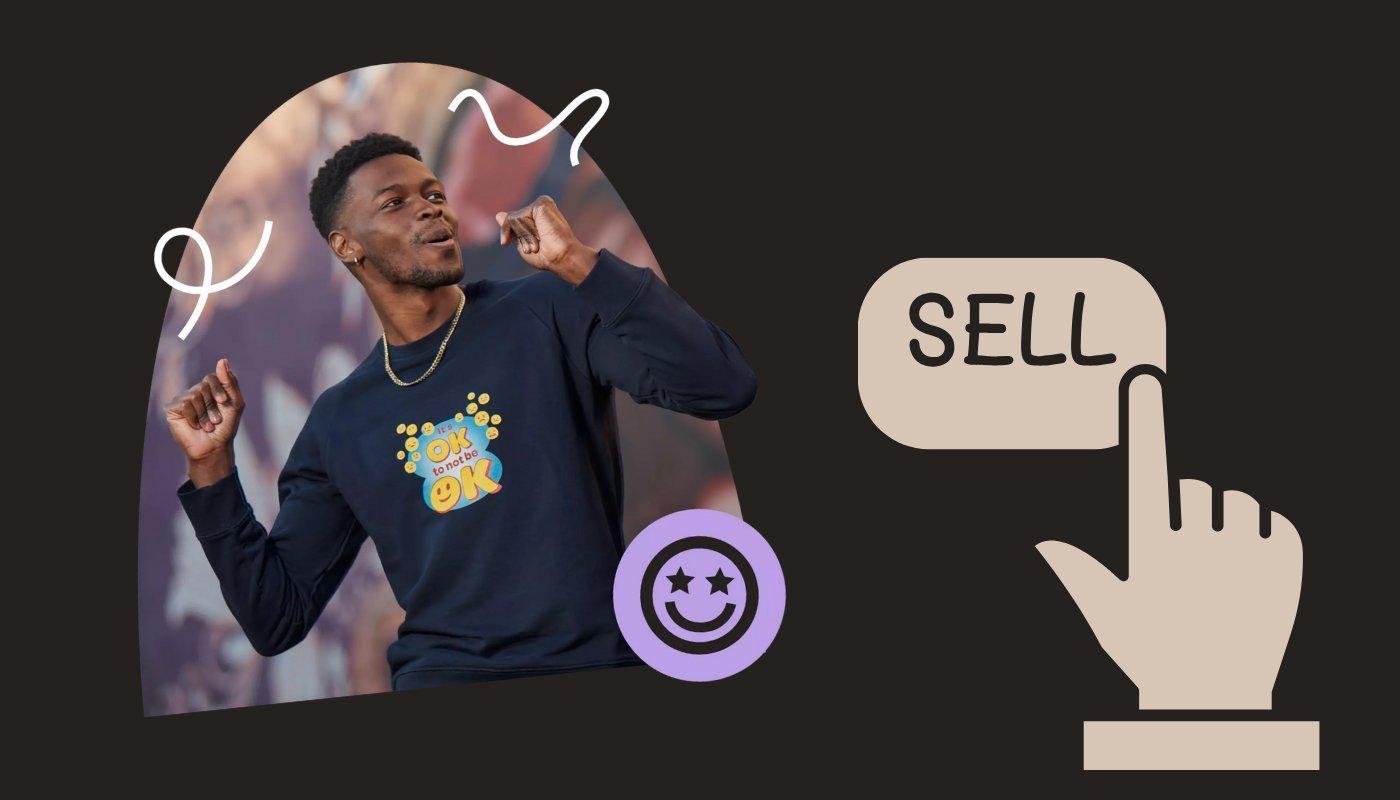 person wearing a custom printed sweatshirt with sell icon to show earning potential